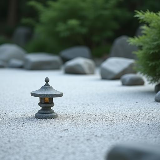 A minimalist zen garden with a small stone lantern and raked gravel.