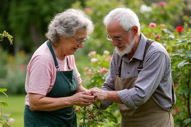 A person teaching another how to prune a plant.