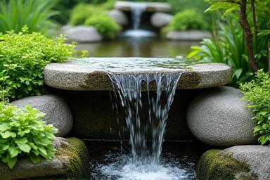 A small, natural-looking stone waterfall in a garden.